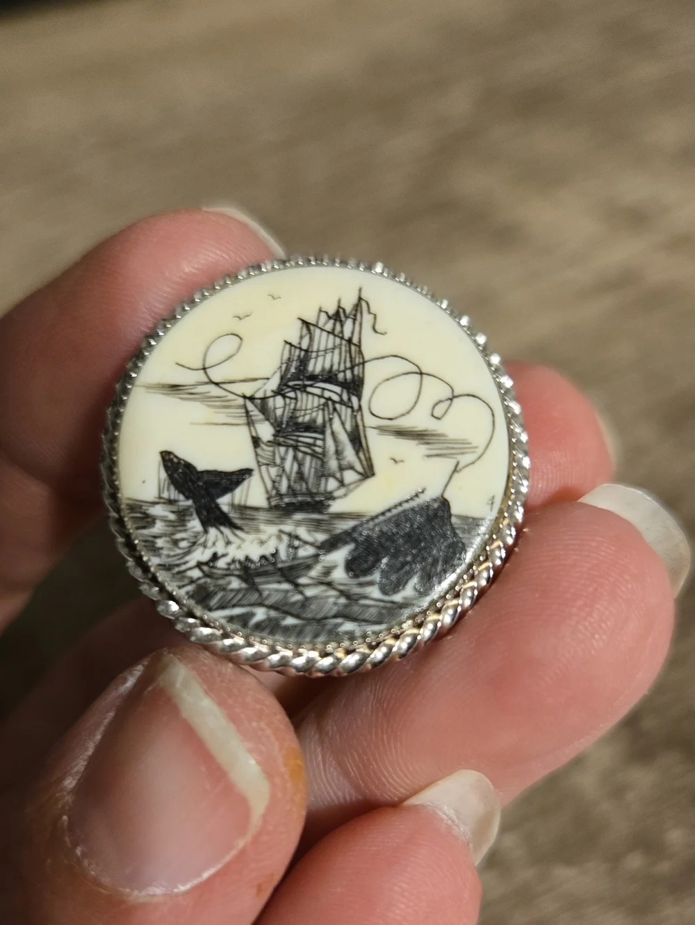 Faux Bone Scrimshaw Brooch Pendant